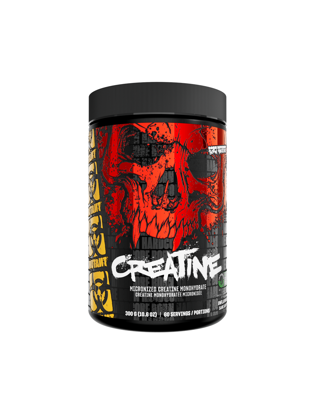 A container of creatine monohydrate with a colorful graphic design featuring red and black colors and text.
