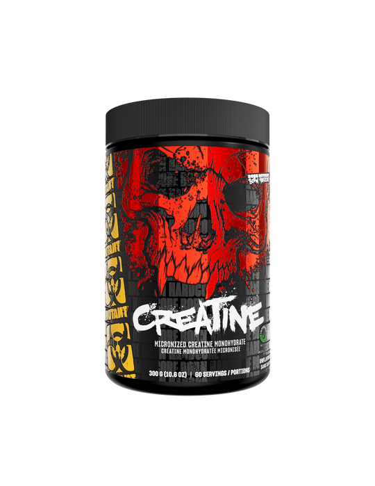 A container of creatine monohydrate with a colorful graphic design featuring red and black colors and text.